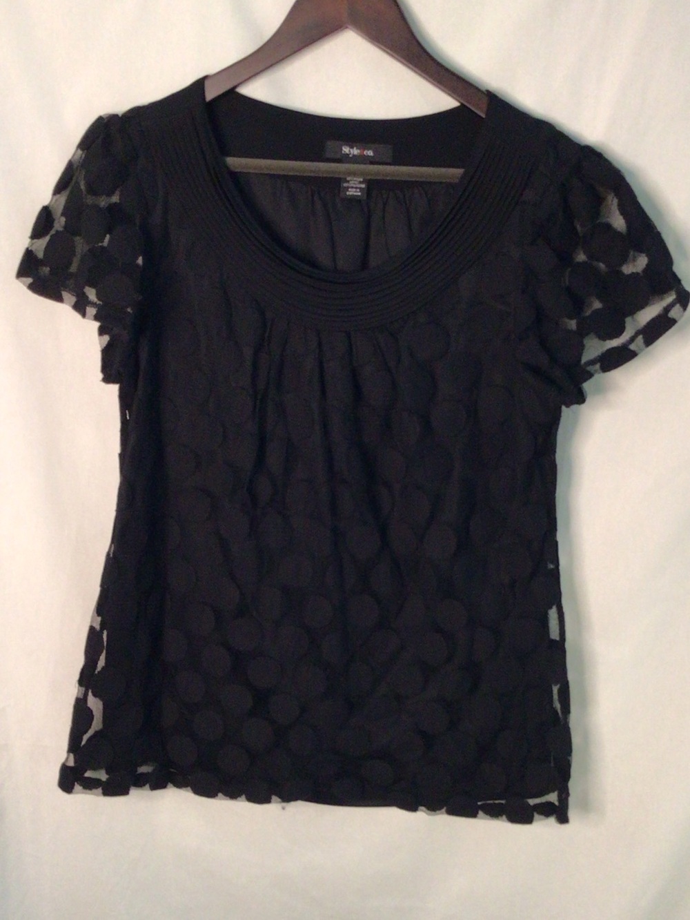 Style & Co. Black Scoop Neck Sheer Dot Overlay Top